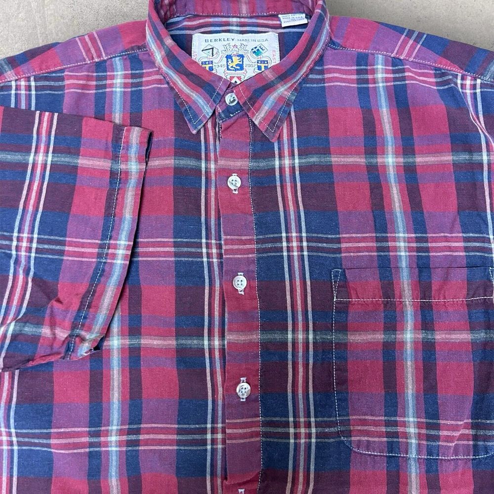 Berkley Concept WW Shirt Mens M‎ Button Up Plaid Red Blue Short Sleeve USA